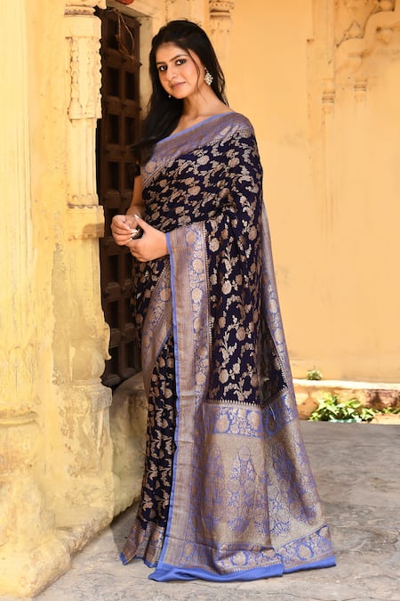 Shop_Naaritva India_Navy Crepe, Chiffon, Silk Blue Handwoven Banarasi Saree With Running Blouse _Online_at_Aza_Fashions