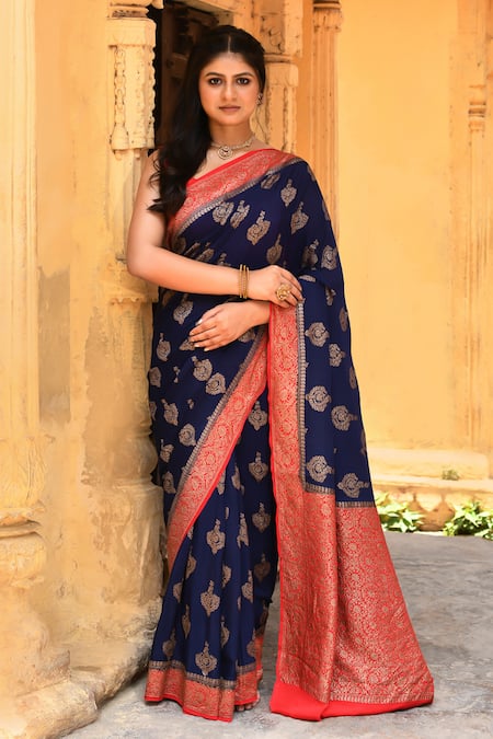Naaritva India Navy Crepe, Silk, Chiffon Blue Handwoven Banarasi Saree With Running Blouse 