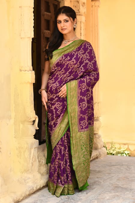 Buy_Naaritva India_Purple Crepe, Silk, Chiffon Zari Handwoven Banarasi Saree With Running Blouse _Online_at_Aza_Fashions