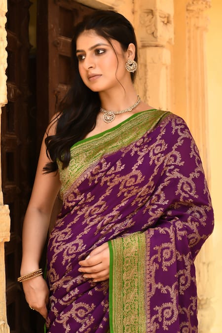 Shop_Naaritva India_Purple Crepe, Silk, Chiffon Zari Handwoven Banarasi Saree With Running Blouse _Online_at_Aza_Fashions