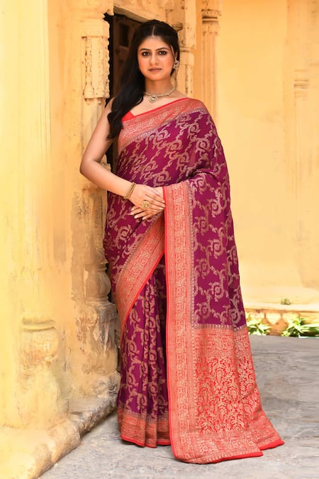 Naaritva India Pink Crepe, Chiffon, Handwoven Work Hot Banarasi Saree With Running Blouse 