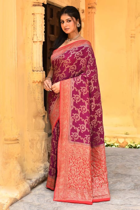 Naaritva India_Pink Crepe, Chiffon, Handwoven Work Hot Banarasi Saree With Running Blouse _Online_at_Aza_Fashions