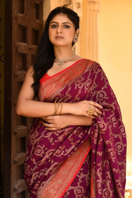 Buy_Naaritva India_Pink Crepe, Chiffon, Handwoven Work Hot Banarasi Saree With Running Blouse 