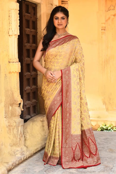 Naaritva India Yellow Crepe, Silk, Chiffon Zari Handwoven Banarasi Saree With Running Blouse 