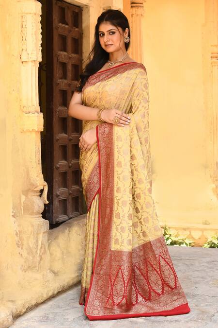 Naaritva India_Yellow Crepe, Silk, Chiffon Zari Handwoven Banarasi Saree With Running Blouse _Online_at_Aza_Fashions