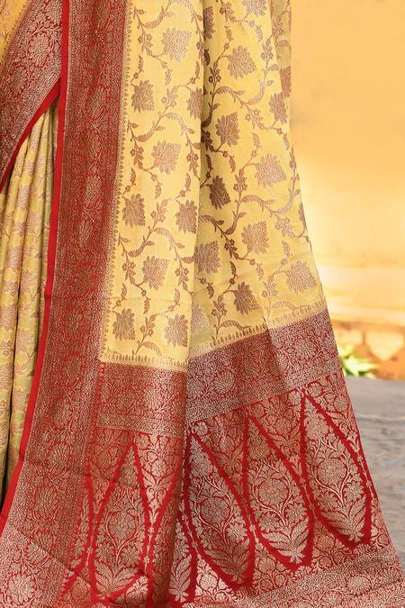 Naaritva India_Yellow Crepe, Silk, Chiffon Zari Handwoven Banarasi Saree With Running Blouse _at_Aza_Fashions
