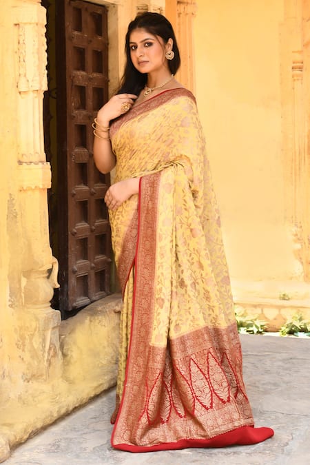 Naaritva India_Yellow Crepe, Silk, Chiffon Handwoven Work Banarasi Saree With Running Blouse _Online_at_Aza_Fashions