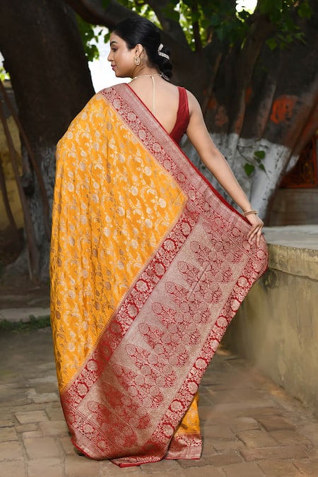 Naaritva India Handwoven Zari Work Orange Banarasi Saree With Running Blouse 