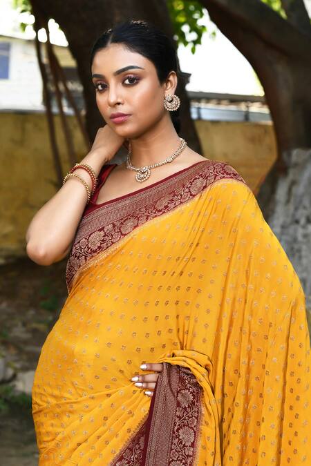 Buy_Naaritva India_Yellow Crepe, Chiffon, Silk Handwoven Work Banarasi Saree With Running Blouse _Online_at_Aza_Fashions