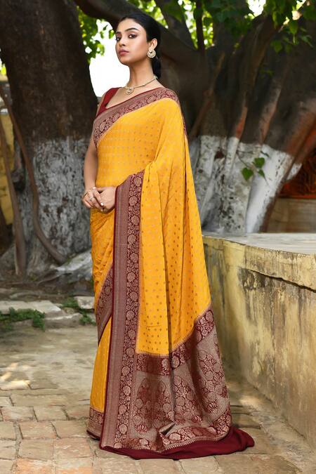 Shop_Naaritva India_Yellow Crepe, Chiffon, Silk Handwoven Work Banarasi Saree With Running Blouse _Online_at_Aza_Fashions