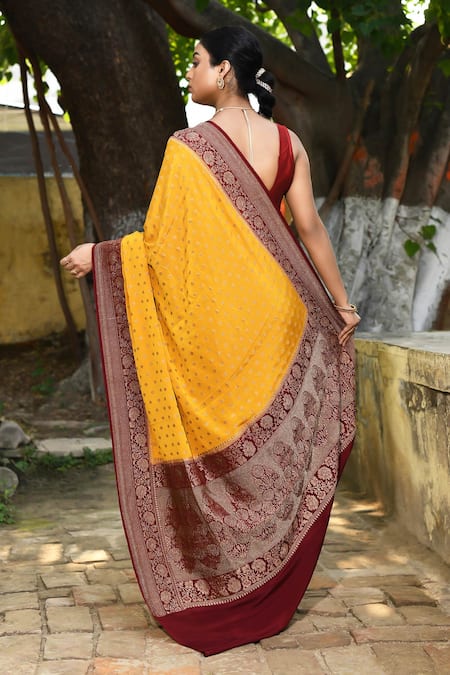 Naaritva India Handwoven Zari Work Yellow Banarasi Saree With Running Blouse 