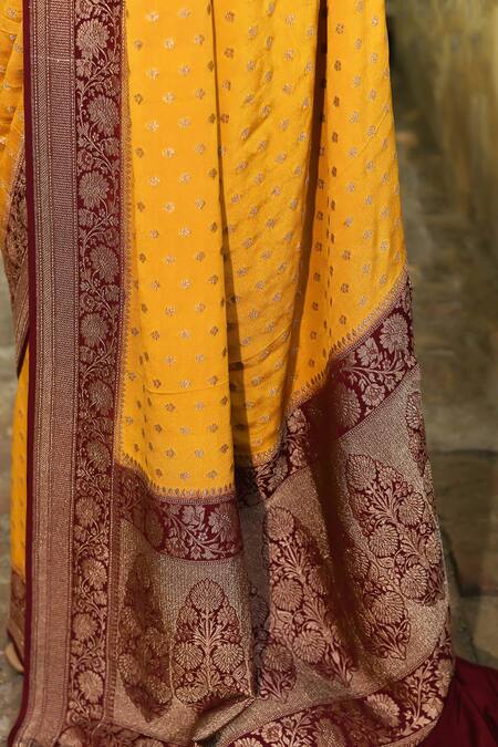 Buy_Naaritva India_Yellow Crepe, Chiffon, Silk Handwoven Work Banarasi Saree With Running Blouse 