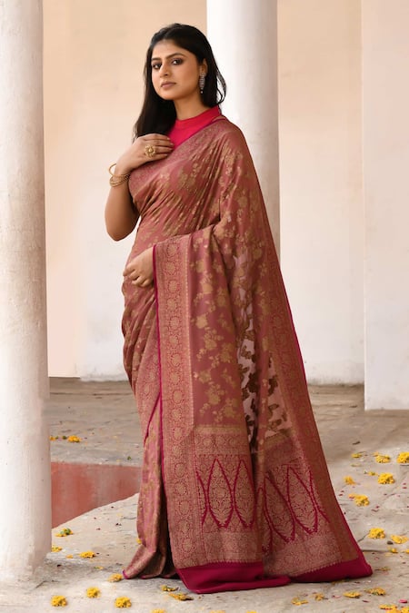 Naaritva India_Pink Crepe, Chiffon, Silk Handwoven Work Banarasi Saree With Running Blouse _Online_at_Aza_Fashions