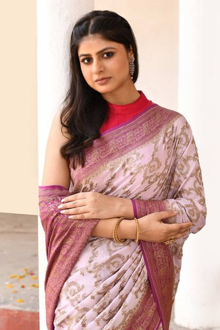 Shop_Naaritva India_Purple Crepe, Chiffon, Silk Handwoven Work Banarasi Saree With Running Blouse _Online_at_Aza_Fashions
