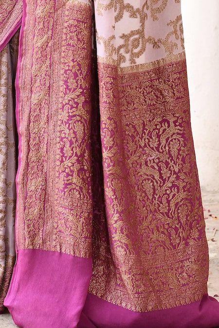 Naaritva India_Purple Crepe, Chiffon, Silk Handwoven Work Banarasi Saree With Running Blouse _at_Aza_Fashions