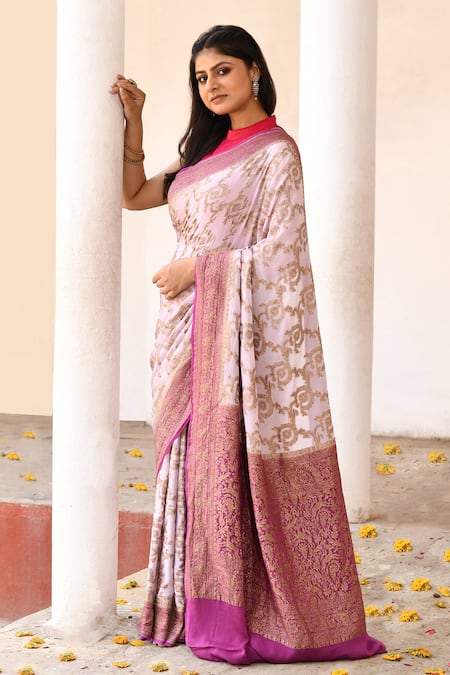 Buy_Naaritva India_Purple Crepe, Chiffon, Silk Handwoven Work Banarasi Saree With Running Blouse 