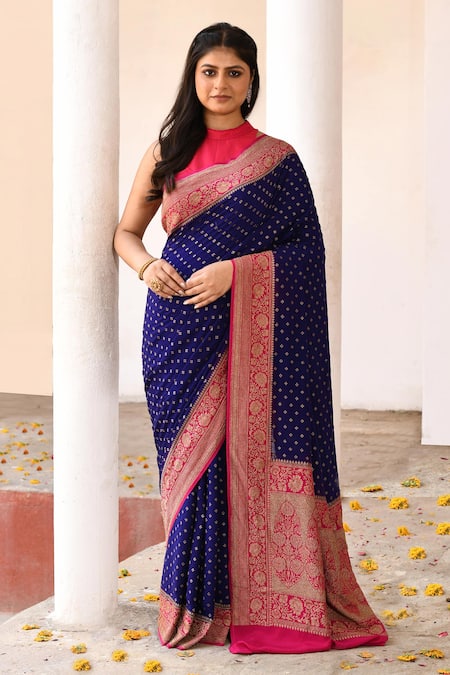 Naaritva India Navy Crepe, Silk, Chiffon Blue Handwoven Banarasi Saree With Running Blouse 