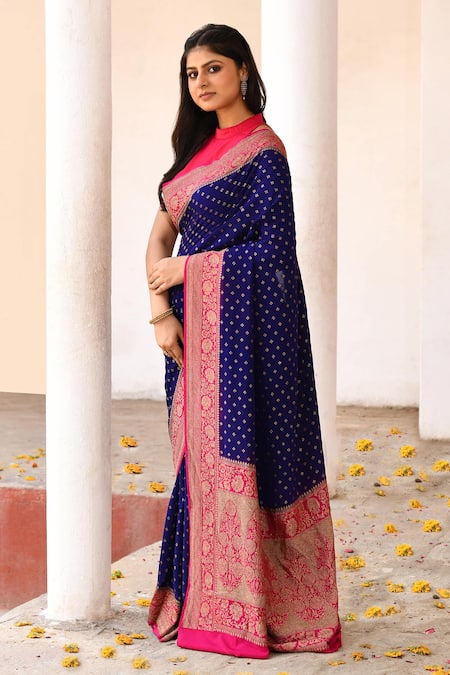 Buy_Naaritva India_Navy Crepe, Silk, Chiffon Blue Handwoven Banarasi Saree With Running Blouse _Online_at_Aza_Fashions