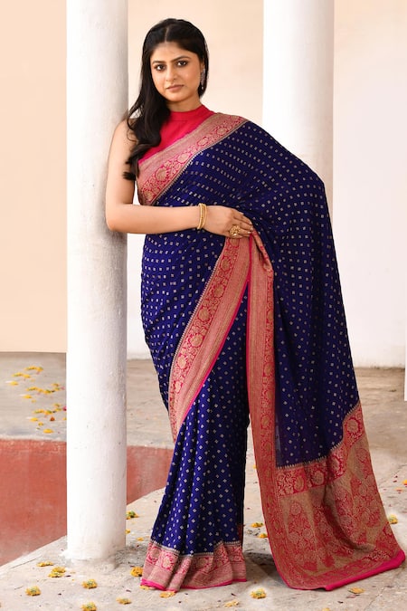 Shop_Naaritva India_Navy Crepe, Silk, Chiffon Blue Handwoven Banarasi Saree With Running Blouse _Online_at_Aza_Fashions