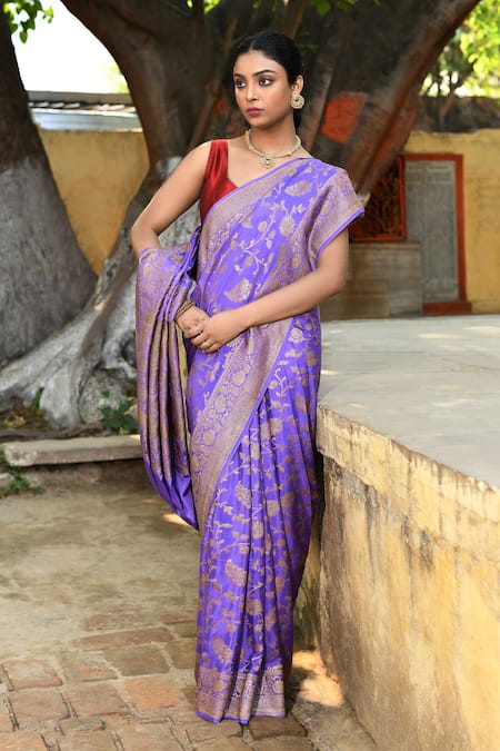 Naaritva India Purple Handwoven Zari Banarasi Saree With Running Blouse 