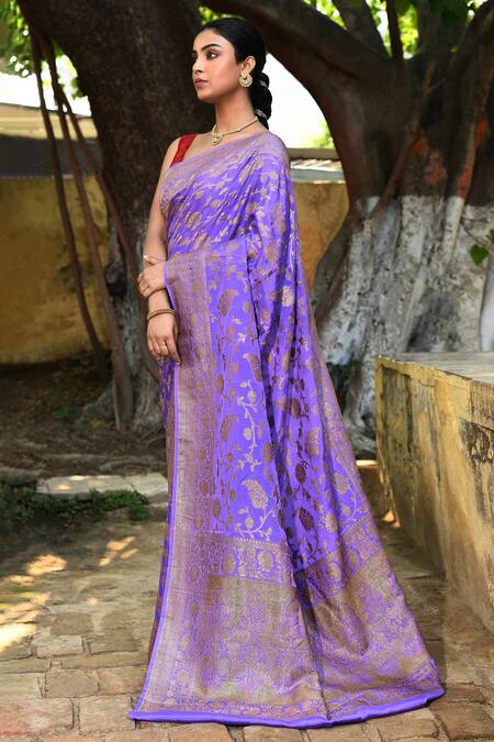 Shop_Naaritva India_Purple Crepe, Chiffon, Silk Zari Handwoven Banarasi Saree With Running Blouse _Online_at_Aza_Fashions