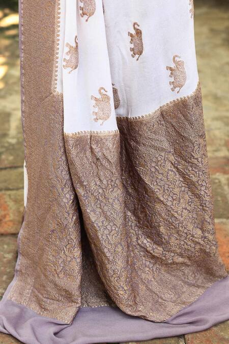 Shop_Naaritva India_Ivory Chiffon, Silk, Crepe Handwoven Zari Banarasi Saree With Running Blouse _Online_at_Aza_Fashions