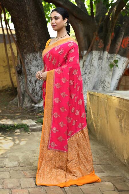 Buy_Naaritva India_Pink Crepe, Chiffon, Silk Bright Handwoven Banarasi Saree With Running Blouse _Online_at_Aza_Fashions