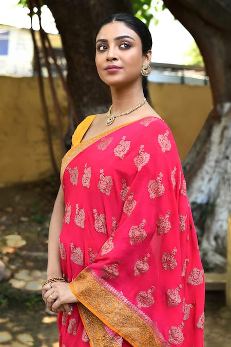 Shop_Naaritva India_Pink Crepe, Chiffon, Silk Bright Handwoven Banarasi Saree With Running Blouse _Online_at_Aza_Fashions
