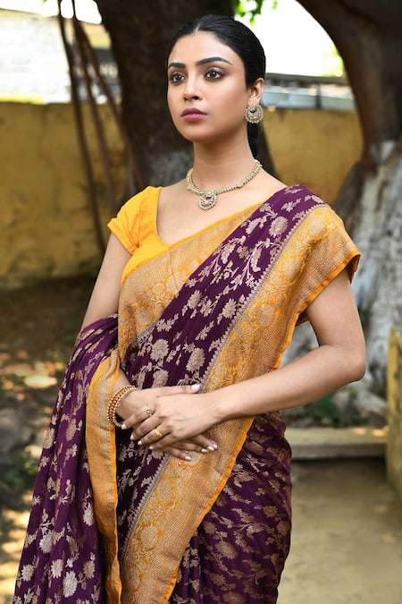 Buy_Naaritva India_Purple Crepe, Silk, Chiffon Zari Handwoven Banarasi Saree With Running Blouse _Online_at_Aza_Fashions