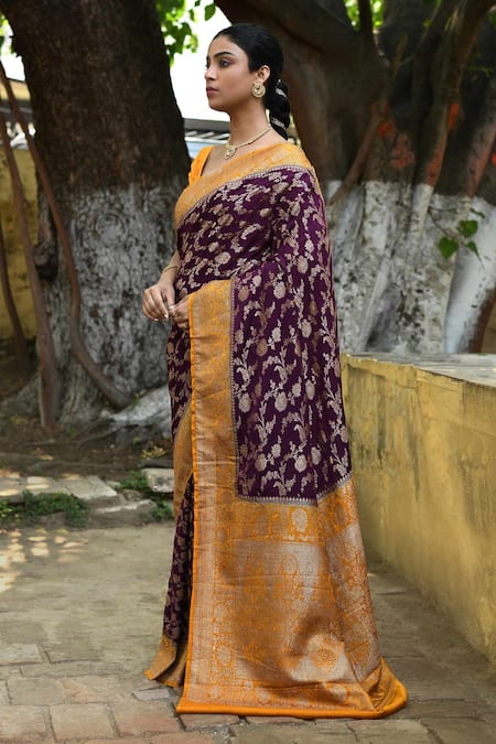 Shop_Naaritva India_Purple Crepe, Silk, Chiffon Zari Handwoven Banarasi Saree With Running Blouse _Online_at_Aza_Fashions