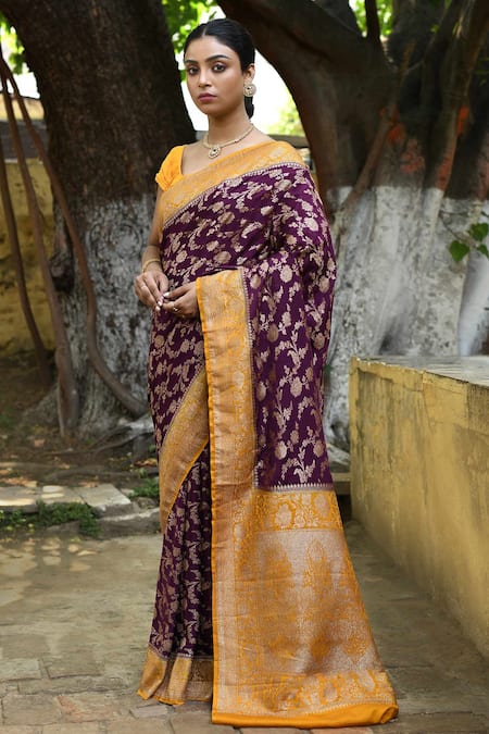 Naaritva India_Purple Crepe, Silk, Chiffon Zari Handwoven Banarasi Saree With Running Blouse _at_Aza_Fashions