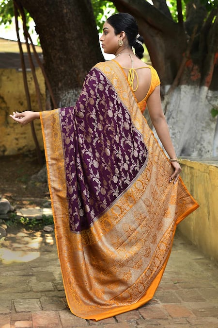 Shop_Naaritva India_Purple Crepe, Silk, Chiffon Zari Handwoven Banarasi Saree With Running Blouse _at_Aza_Fashions