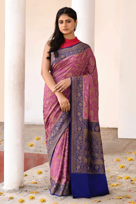 Naaritva India Pink Crepe, Silk, Chiffon Handwoven Work Banarasi Saree With Running Blouse 
