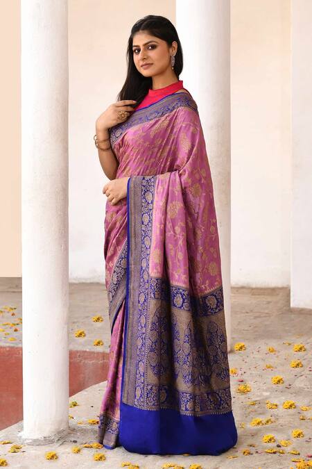 Buy_Naaritva India_Pink Crepe, Silk, Chiffon Handwoven Work Banarasi Saree With Running Blouse _Online_at_Aza_Fashions