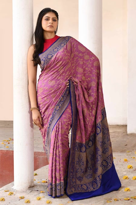 Shop_Naaritva India_Pink Crepe, Silk, Chiffon Handwoven Work Banarasi Saree With Running Blouse _Online_at_Aza_Fashions