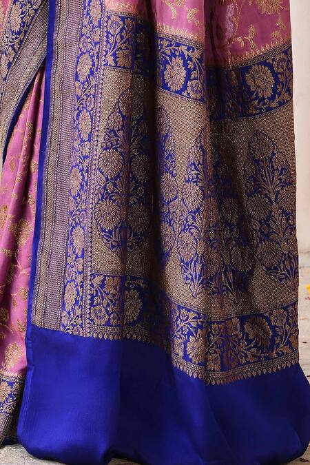 Buy_Naaritva India_Pink Crepe, Silk, Chiffon Handwoven Work Banarasi Saree With Running Blouse 