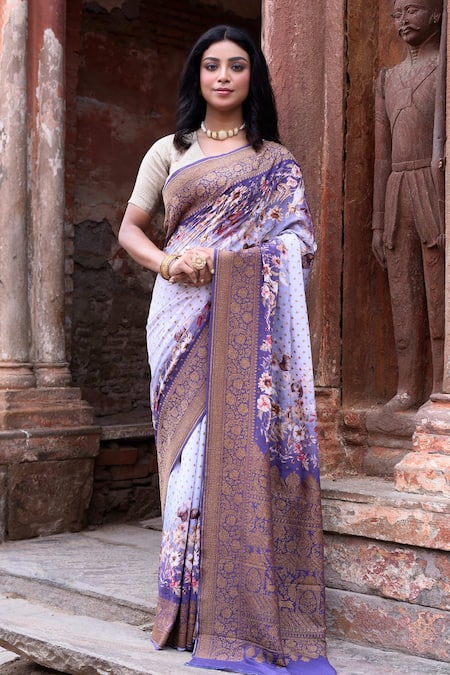 Naaritva India Handwoven Zari Purple Banarasi Saree With Running Blouse 