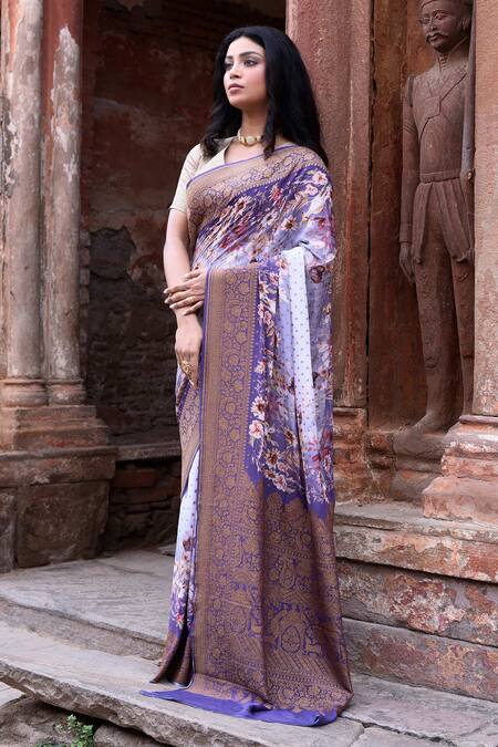 Naaritva India_Purple Crepe, Silk, Chiffon Zari Handwoven Banarasi Saree With Running Blouse _at_Aza_Fashions