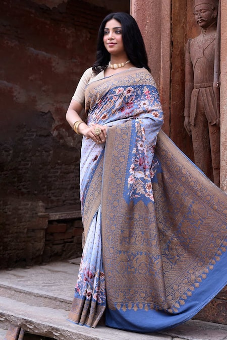 Buy_Naaritva India_Blue Crepe, Silk, Chiffon Dusky Handwoven Banarasi Saree With Running Blouse _Online_at_Aza_Fashions