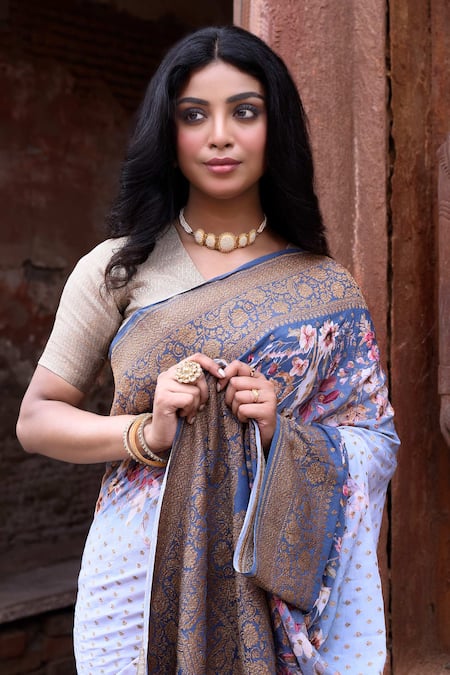 Shop_Naaritva India_Blue Crepe, Silk, Chiffon Dusky Handwoven Banarasi Saree With Running Blouse _Online_at_Aza_Fashions
