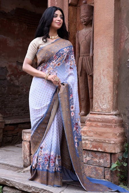 Naaritva India_Blue Crepe, Silk, Chiffon Dusky Handwoven Banarasi Saree With Running Blouse _at_Aza_Fashions