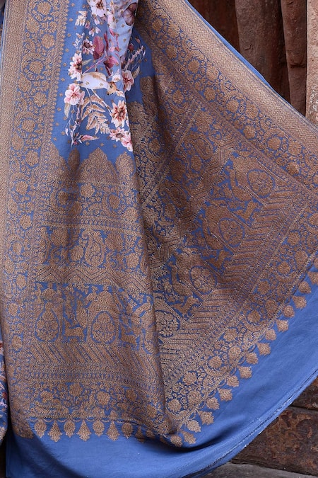 Buy_Naaritva India_Blue Crepe, Silk, Chiffon Dusky Handwoven Banarasi Saree With Running Blouse 