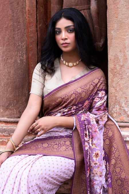 Buy_Naaritva India_Purple Crepe, Silk, Chiffon Zari Handwoven Banarasi Saree With Running Blouse _Online_at_Aza_Fashions