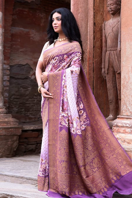 Shop_Naaritva India_Purple Crepe, Silk, Chiffon Zari Handwoven Banarasi Saree With Running Blouse _Online_at_Aza_Fashions