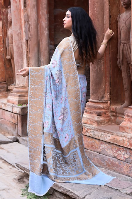 Naaritva India Handwoven Zari Work Light Blue Banarasi Saree With Running Blouse 