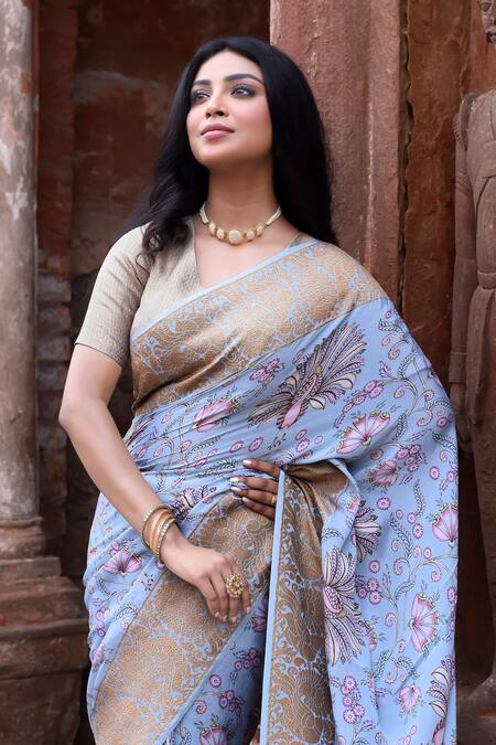 Buy_Naaritva India_Blue Crepe, Silk, Handwoven Work Light Banarasi Saree With Running Blouse 