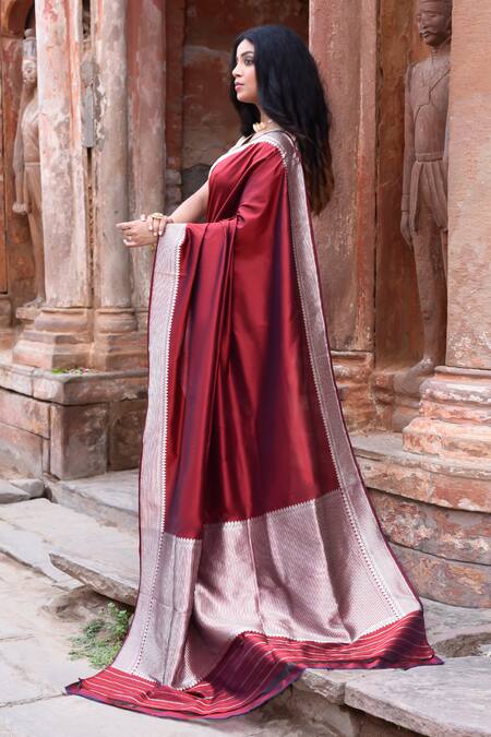 Shop_Naaritva India_Maroon Zari Handwoven Banarasi Saree With Running Blouse _Online_at_Aza_Fashions