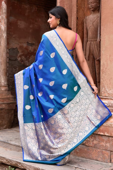 Shop_Naaritva India_Blue Zari Handwoven Work Banarasi Saree With Running Blouse _at_Aza_Fashions