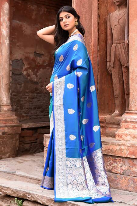 Shop_Naaritva India_Blue Zari Handwoven Work Banarasi Saree With Running Blouse _Online_at_Aza_Fashions