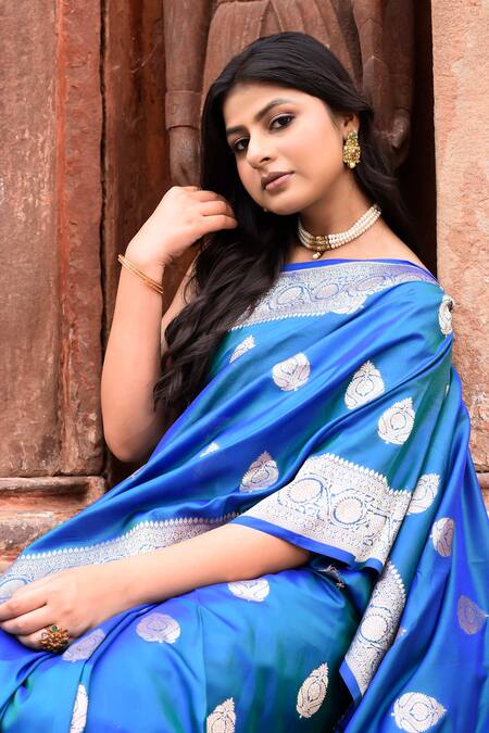 Naaritva India_Blue Zari Handwoven Work Banarasi Saree With Running Blouse _at_Aza_Fashions